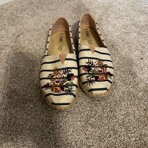 TOMS Cream and Navy Striped Espadrilles with Floral Embroidery